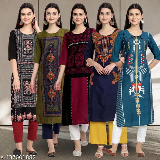Stylish Women's Crepe Digital Printed Straight Kurti [Pack of 5]