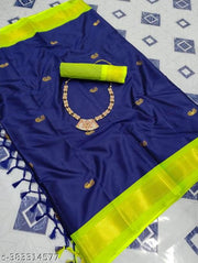 Golden Zari Cotton Silk Paithani Saree Navy Parrot