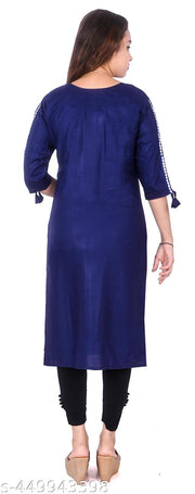 Women's Cotton Embroidered Teal Straight Kurti For Office/Party Wear