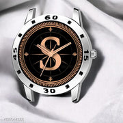 Welix Analog Round Black Dial ALPHABET S Design Stylish Beige Leather Strap Classic Design Fancy Wrist Watch for Men and Boys, Pack of 1 - ALPHA-S-AVO-SIL-TAN-CRL