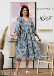 Floral Printed V-Neck Cotton A-Line Kurta