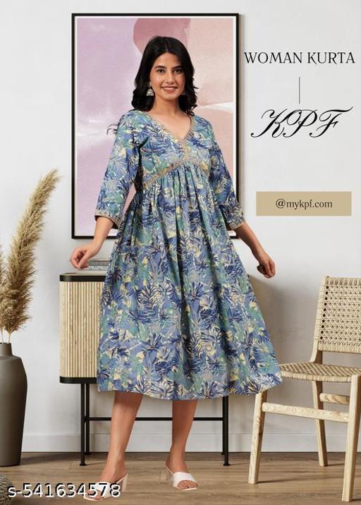 Floral Printed V-Neck Cotton A-Line Kurta