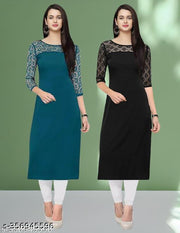 Polyster/Crepe fabric-Pack of 1 Casual And Round-Neck 3/4 Length Sleeves Rama & Black Kurti (42"Inches)