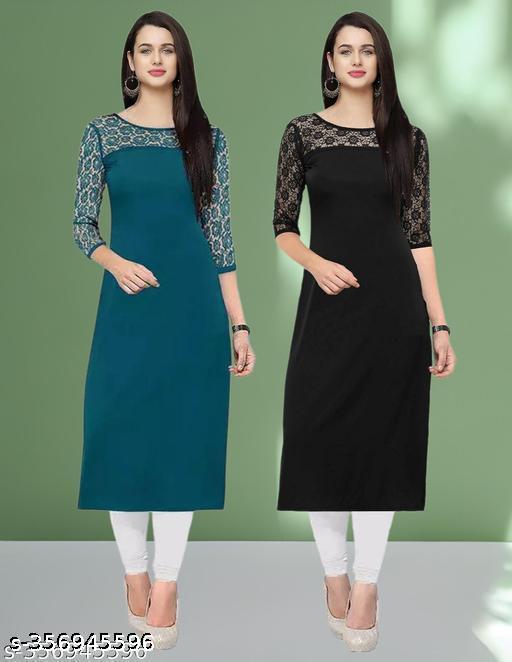 Polyster/Crepe fabric-Pack of 1 Casual And Round-Neck 3/4 Length Sleeves Rama & Black Kurti (42"Inches)