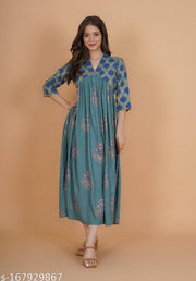 INDIANIC Women Rayon Gold Print Flared Kurta (Green)
