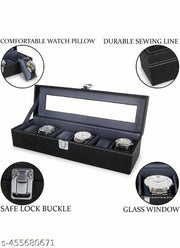 WatchBox Holder Case in 6 slots  Black Rexine & Black velvet (Black, case 6 Watches)