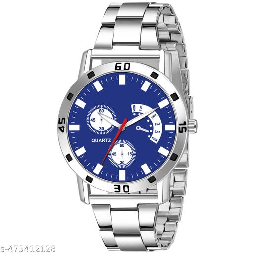 Trendy Steel Round Blue Dial Analog Wrist Watch For Men and Boys