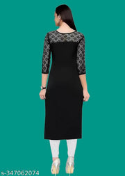 Casual American Crepe And Net Round-Neck 3/4 Length Sleeves Black Kurti (45"Inches)