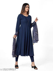 Polyster/Crepe fabric-Mahima Kurti & Dupatta set Blue
