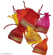 Foxtree Pack of 10 Pieces Silk Tissue Organza Drawstring Closure Multicolor Small Size Potli Bags Pouch Best for Party Supply Return Gift Bags (23 cm X 18 cm)