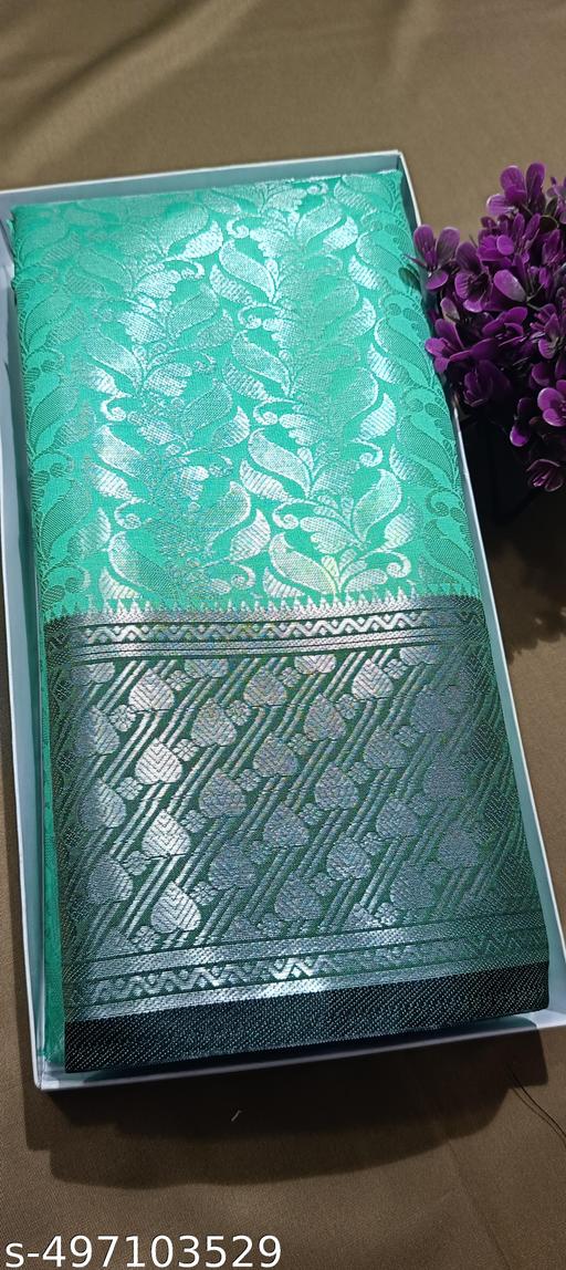 BANARASI SILK SAREE ,SILVER SAREE (BANARSI SILK SAREEE CONTRAST PALLU & BLOUSE COLOUR Ocean Green