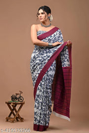 Jaipuri Hand Block Printed Soft Cotton Mulmul Saree ,Sanganeri Cotton Malmal Saree, Bagru Cotton Saree, Batic / Batik Print Cotton saree In Super Fine 92*80 Fabric Quality With Attached Blouse Piece for Woman
