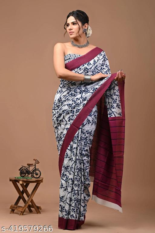 Jaipuri Hand Block Printed Soft Cotton Mulmul Saree ,Sanganeri Cotton Malmal Saree, Bagru Cotton Saree, Batic / Batik Print Cotton saree In Super Fine 92*80 Fabric Quality With Attached Blouse Piece for Woman