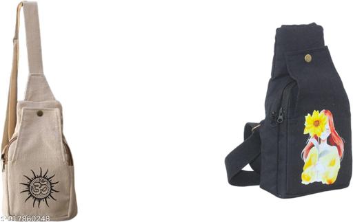 Beige & Black Canvas Sling Bag for Women | Sun Om Spiritual Print Crossbody Bag | Lightweight Shoulder Backpack | Casual Travel College Office Daily Use Multipurpose Side Bag