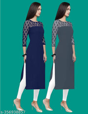 Pack of 1 Casual American Crepe And Net Round-Neck 3/4 Length Sleeves Navy Blue & Grey Kurti (42"Inches)