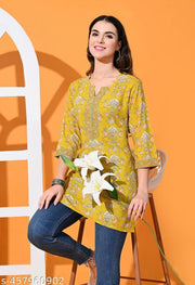 Womens Printed Pure Cotton Kurti in Yellow