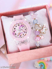 2pcs/Set Girls LED Light-Up Cartoon Unicorn Quartz Watch & Beaded Bracelet|