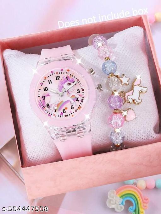 2pcs/Set Girls LED Light-Up Cartoon Unicorn Quartz Watch & Beaded Bracelet|