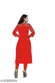 Premium American Crepe And Rasal Net Detail On Neck Red Long Kurti (45"Inches)