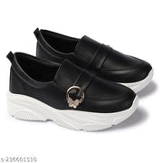 EVOLTAR branded Buckle ornamented moccasins women chunky casual platform sneakers slip on shoes for women canvas flat heels ladies footwear Flatform loafers belly . Black