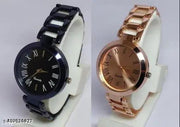 New Ethnic Solid Black Rosegold Metal Belt Analog Watches Combo for Women