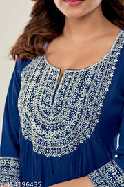 Glomee Presented Rayon Cotton Embroidery work Nayra cut kurta (BLUE)