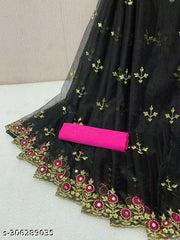 Kanha fashion Silicon Net BLACK Embroidered Saree with Blouse