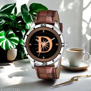 Femeo  Analog 9111 Watches Round Black Dial D Design Stylish Brown Leather Strap Classic Design Fancy Wrist Watch for Men and Boys, Pack of 1 - A07ZALPHA-D-AVO-SIL-BRW-CHL