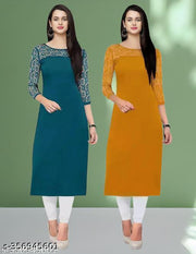 Polyster/Crepe fabric-Pack of 1 Casual And Round-Neck 3/4 Length Sleeves Rama & Yellow Kurti (42"Inches)