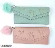 **Pack of 2 Elegant Flap Wallets with Heart Stud Design, Soft Pom-Pom Charm, Scalloped Edge Detailing, Multiple Compartments, Secure Closure, Lightweight Everyday Purse Set for Women**