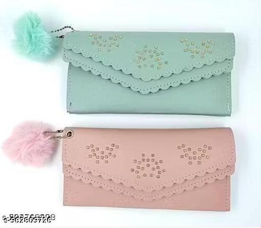 **Pack of 2 Elegant Flap Wallets with Heart Stud Design, Soft Pom-Pom Charm, Scalloped Edge Detailing, Multiple Compartments, Secure Closure, Lightweight Everyday Purse Set for Women**