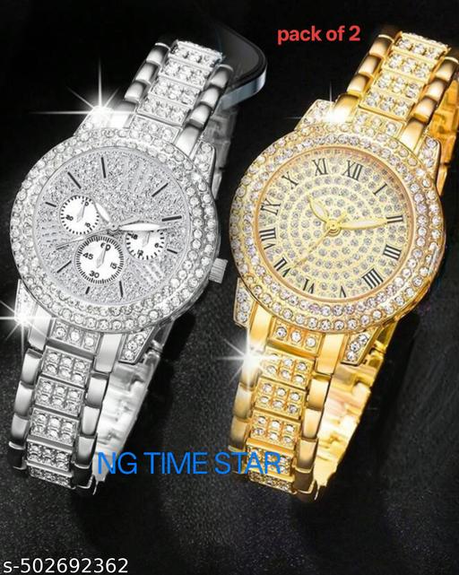 NG Time 2.pcs Women's Silver and Golden Diamond stone design Stainless Steel Band Casual Quartz Watch