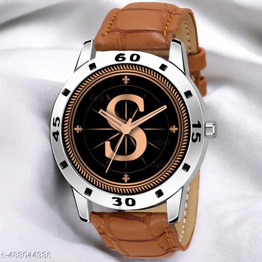 Welix Analog Round Black Dial ALPHABET S Design Stylish Beige Leather Strap Classic Design Fancy Wrist Watch for Men and Boys, Pack of 1 - ALPHA-S-AVO-SIL-TAN-CRL