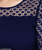 Casual American Crepe And Net Round-Neck 3/4 Length Sleeves Navy Blue Kurti (45"Inches)