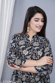 Women's Stylish Full Flair Anrakali Rayon Jaipur printed  Black Kurta