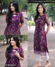 Organza Flower Purple  print kurtis with A-Line Kurtis, Short Sleeve, Organza Fabric Best design