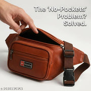 Men's Brown PU Leather Waist Bag Multi Pocket Adjustable Belt Bag Fanny Pack Travel Utility Crossbody Hip Bum Bag with Zipper Compartments for Daily Use Outdoor Travel Running and Casual Wear