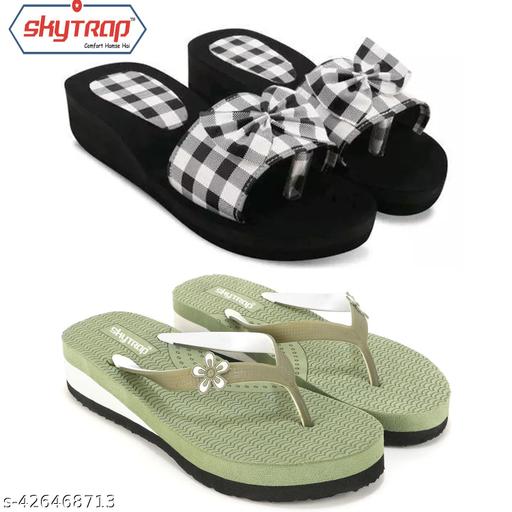 Bizwiz Black Green Light Weight Extra Soft Ortho Doctor Solid Slippers Flipflop for Women Girls Combo of 2