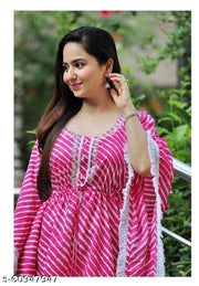 Trendy Pink Lehriya Print Cotton Kaftan having Aari work & Lace