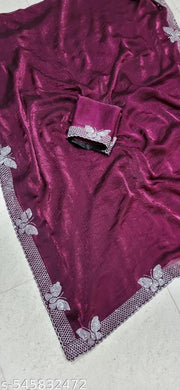 Women's Hot Fixing Stone Work Butterfly Design Saree with Unstitched Blouse Piece.