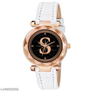 Skoal Analog Round Black Dial ALPHABET S Design Stylish White Leather Strap Classic Design Fancy Wrist Watch for Women and Girls, Pack of 1 - ALPHA-S-GEN-RG-WHT-L