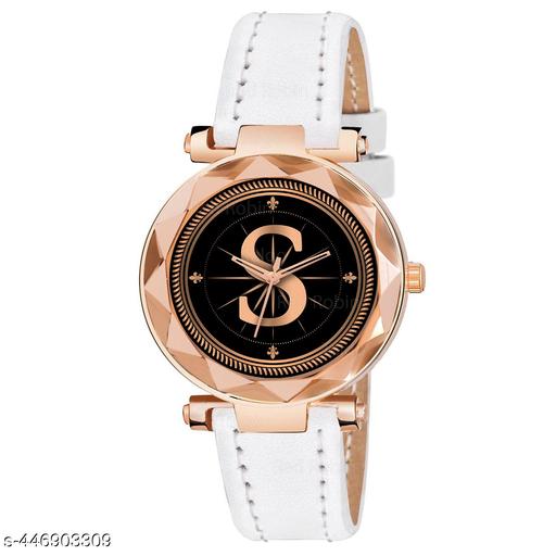 Skoal Analog Round Black Dial ALPHABET S Design Stylish White Leather Strap Classic Design Fancy Wrist Watch for Women and Girls, Pack of 1 - ALPHA-S-GEN-RG-WHT-L