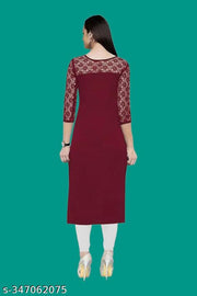 Casual American Crepe And Net Round-Neck 3/4 Length Sleeves Maroon Kurti (45"Inches)