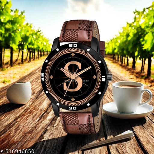 PS WATCHESAnalog Round black Dial ALPHABET S Design Stylish brown Strap Classic Design Fancy Watch for Men and Boys, Pack of 1 ALPHABET S-AVO-BLK-BRW-CHL-1