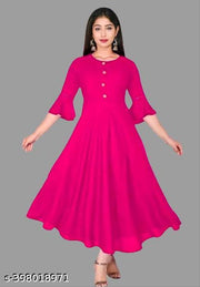 Stylis Fit and Flared New Fashionable Women Casual Solid Round Neck Anarkali Rayon Kurta (Pink)