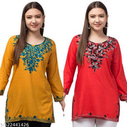 This is a very good and beautiful product. This fabric is also soft. This short kurti is good for summer. It is made of Kashmiri work_ Mustard_Red