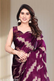 Women Wine Chiffon Print Saree with Printed Border