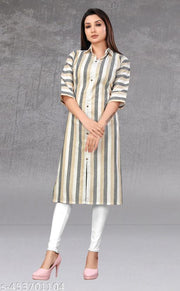 Women Striped Khadi Cotton Straight Kurta FANCY COTTON DESIGNER LATEST BOLLYWOOD STRAIGHT KURTI Trendy The New Fancy Bollywood-Inspired Trendy Women's Cotton Straight Kurti Trendy Attractive kurti collar neck