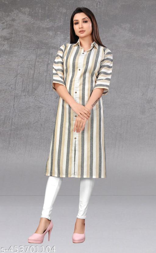 Women Striped Khadi Cotton Straight Kurta FANCY COTTON DESIGNER LATEST BOLLYWOOD STRAIGHT KURTI Trendy The New Fancy Bollywood-Inspired Trendy Women's Cotton Straight Kurti Trendy Attractive kurti collar neck