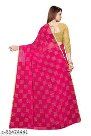 AnyTime's Poly Chiffon Pink Lace border Saree With Blouse